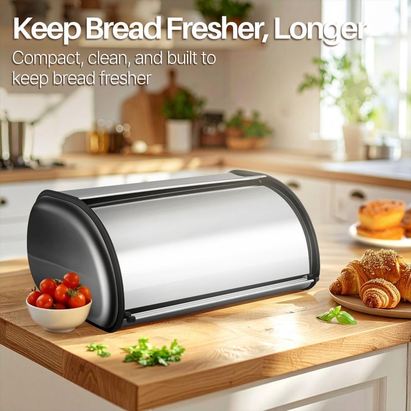 Flexzion Stainless Steel Bread Box For Kitchen Countertop (17 inch) Metal Roll Up Top Lid Storage Container Bin Keeper for Cake Buns Toasts Loaves Pastries Pancakes, Ideal for Restaurant Home Kitchen - Image 2